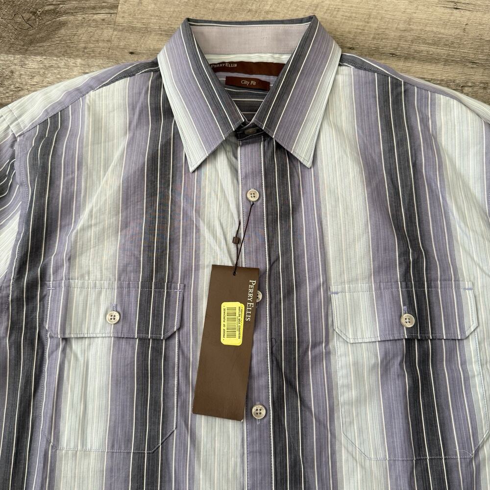 Perry Ellis Shirt Mens Large City Fit Blue Striped Long Sleeve 100% Cotton NEW